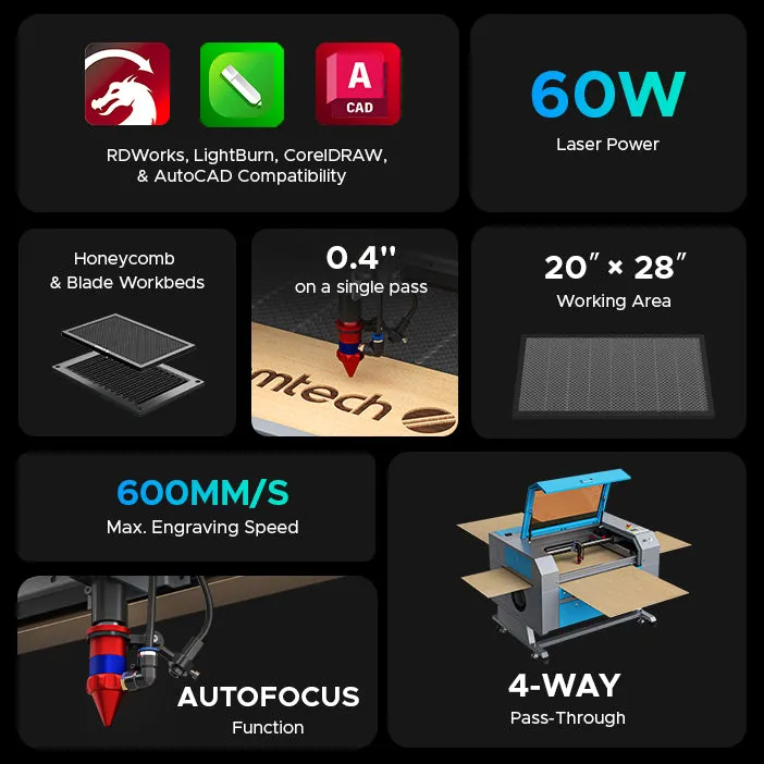 AF2028-60 - 60W CO2 Laser Engraver Cutting Machine with 20" x 28" Working Area and Auto Focus