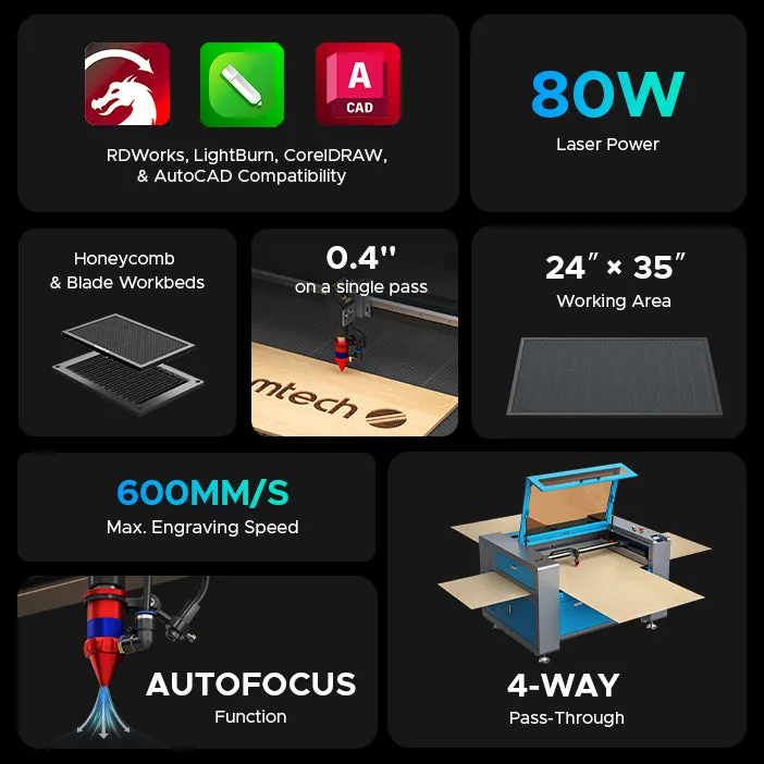 AF2435-80 - 80W CO2 Laser Engraver Cutting Machine with 24''x 35" Working Area (with Auto Focus)