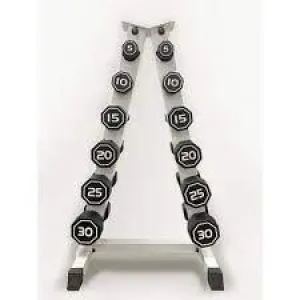 Apollo Athletics Iron Bull IR3920 Coated Octagon Dumbbells 5-30lb Set with A Frame DBR-A White Rack