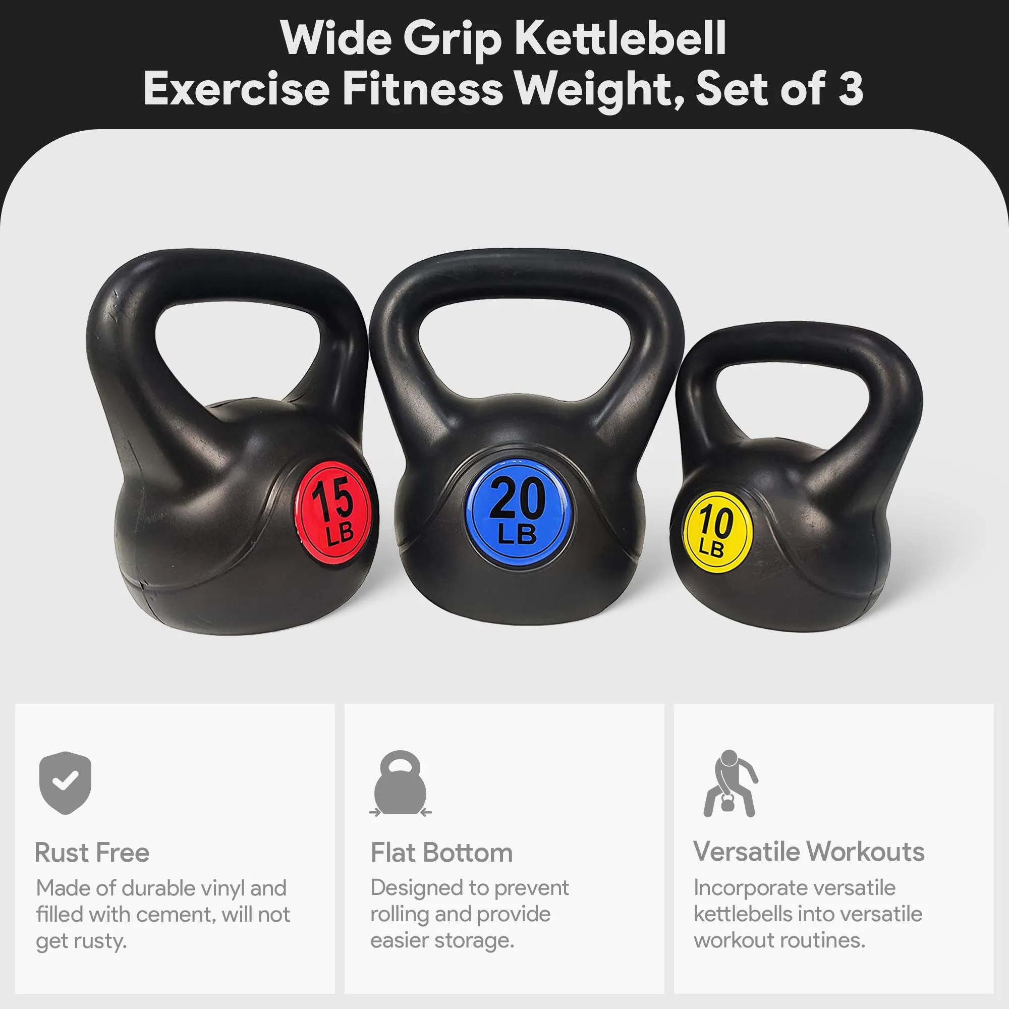 BalanceFrom Kettlebell Fitness Exercise Weights, Set of 3, 10, 15, and 20 Pounds