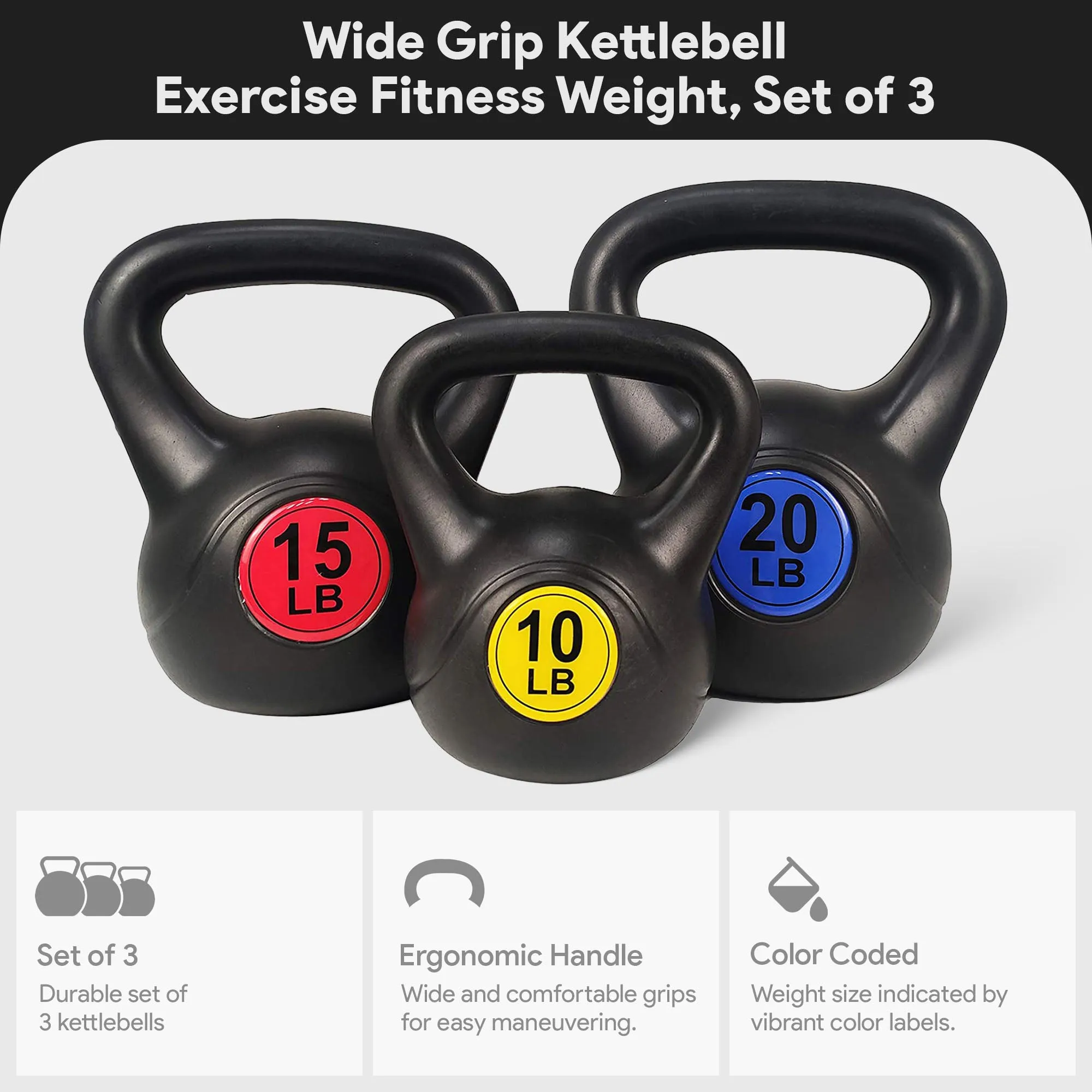 BalanceFrom Kettlebell Fitness Exercise Weights, Set of 3, 10, 15, and 20 Pounds