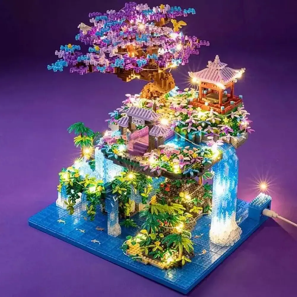 MOC  Compatible  16290 World Ahitecture Pavilion Tree Island Waterfall Pool LED Light DIY Mini Diamond Blocks Bricks Building Toy no Box