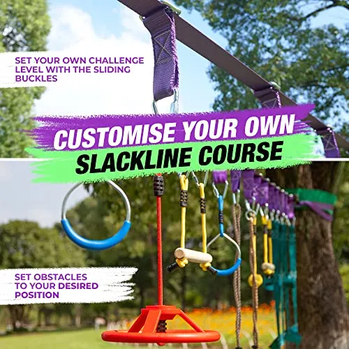 Ninja Warrior Obstacle Course for Kids - 2 x 55ft Slackline Double the Fun Exciting Obstacles Cargo Net Rope Ladder Monkey Bars Ninja Course for Kids