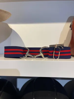 Pesazia - Stretch Bit Belts - Navy/Red Stripes w/ Silver Snaffle Bit