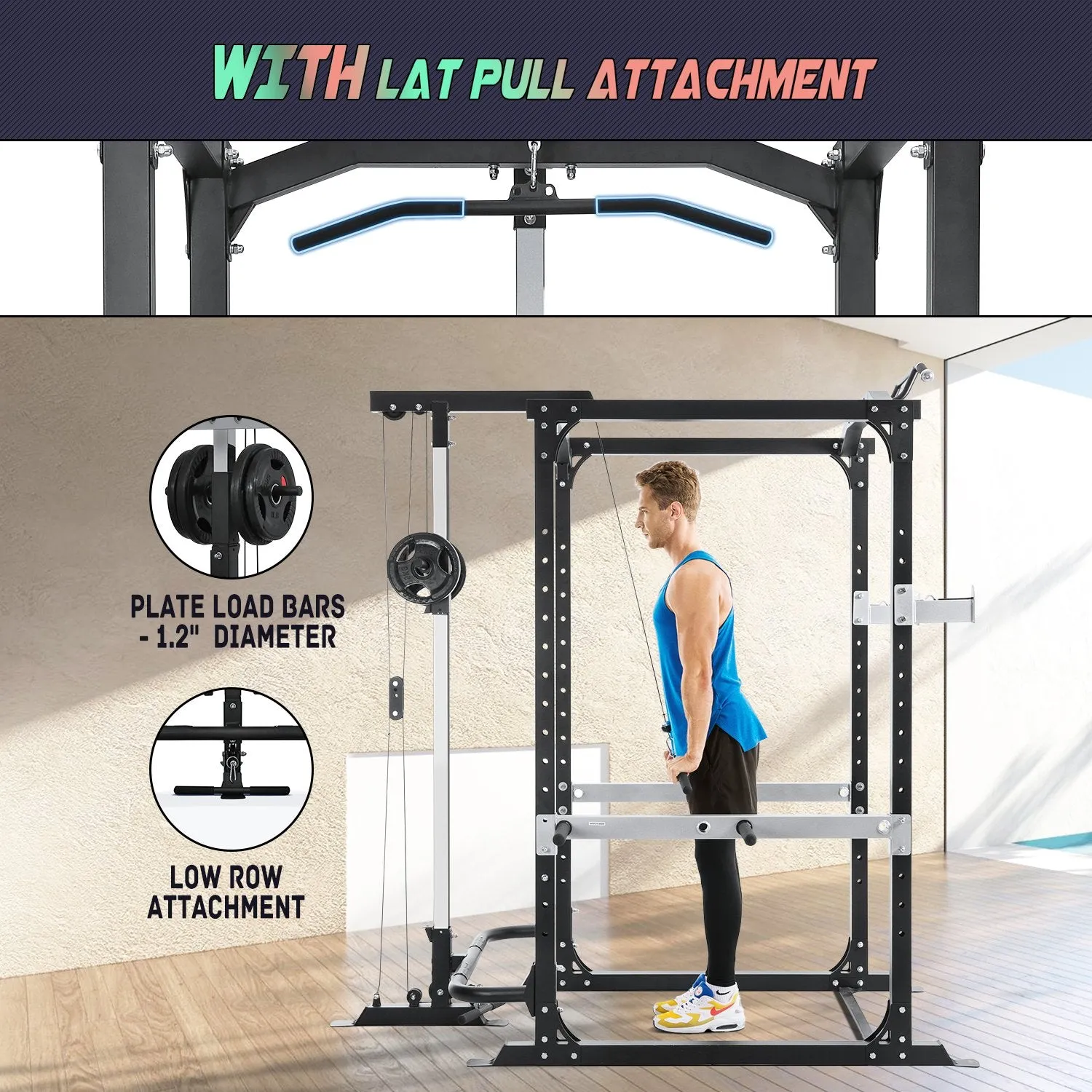 Power Cage with Lat Pulldown Attachments Olympic Squat Rack with J-Hook Strength Training Smith Machine with 14 Height Adjustable 1600 lbs Capacity for Home Gym Barbell Weight Lifiting