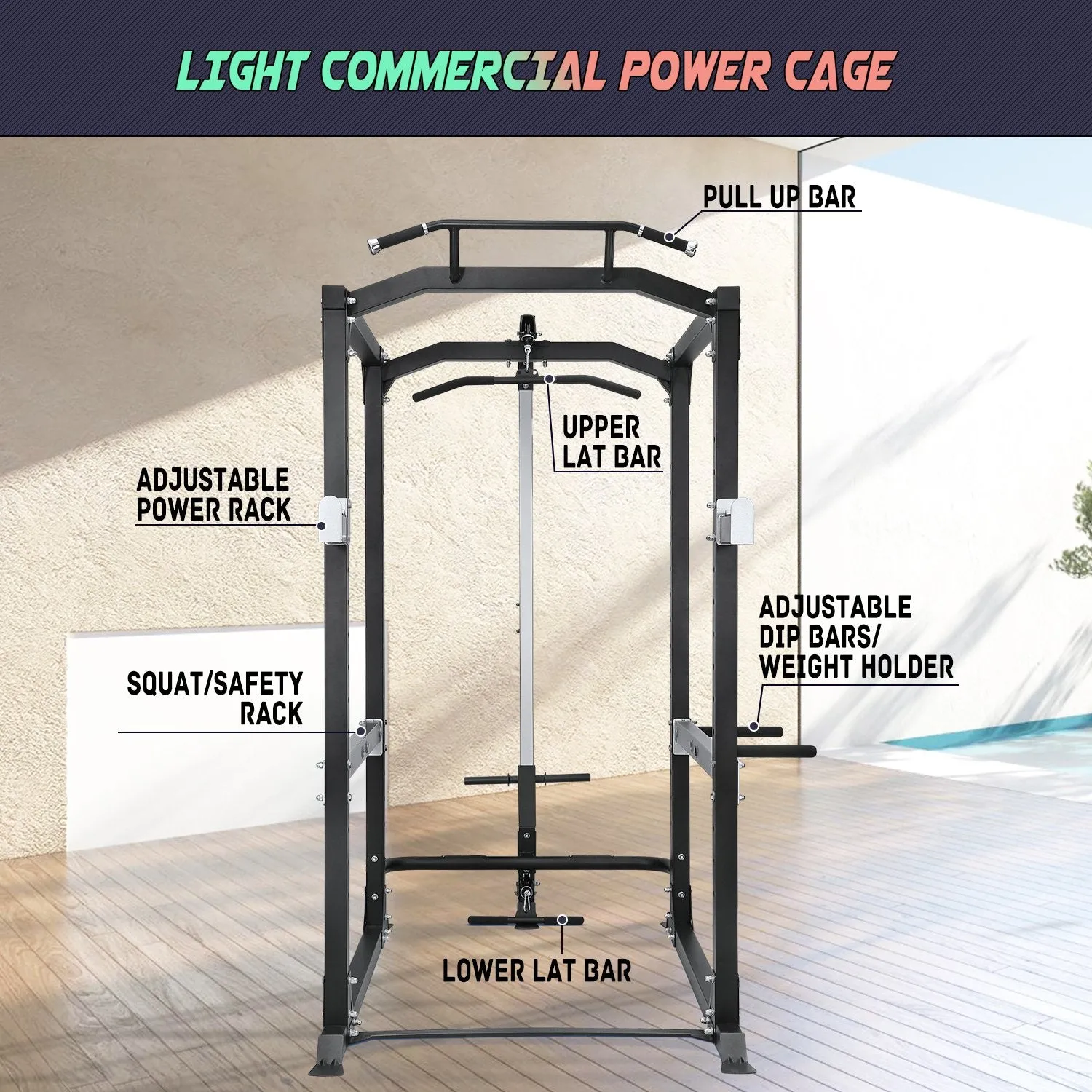 Power Cage with Lat Pulldown Attachments Olympic Squat Rack with J-Hook Strength Training Smith Machine with 14 Height Adjustable 1600 lbs Capacity for Home Gym Barbell Weight Lifiting