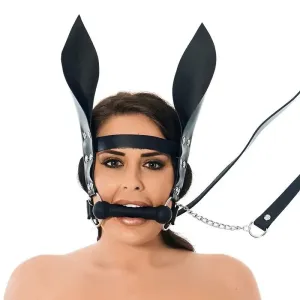 Rimba Leather Black Horsebit Mouth Gag with Reins and Ears