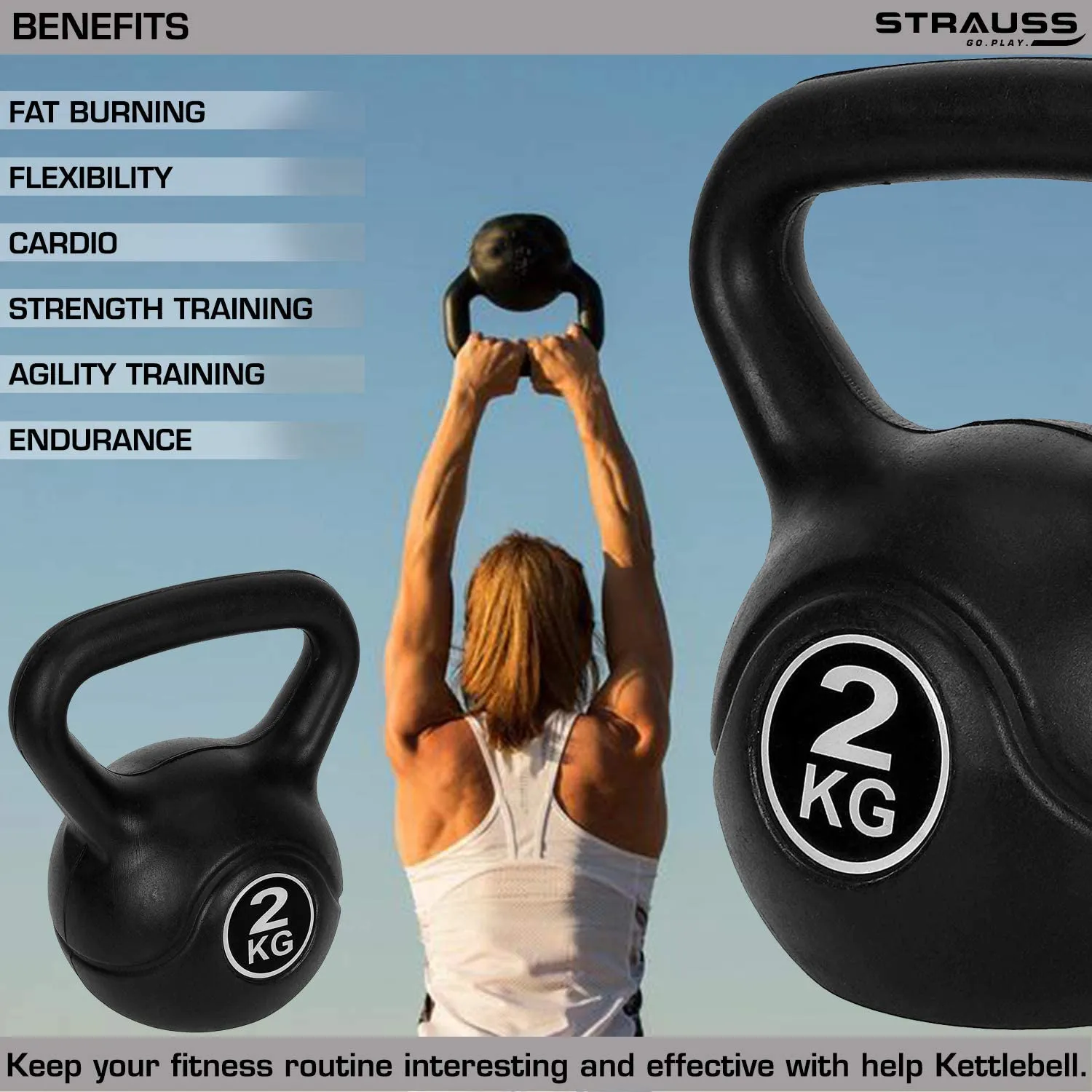 Strauss PVC Kettlebell Weights, 3Kg, (Black)