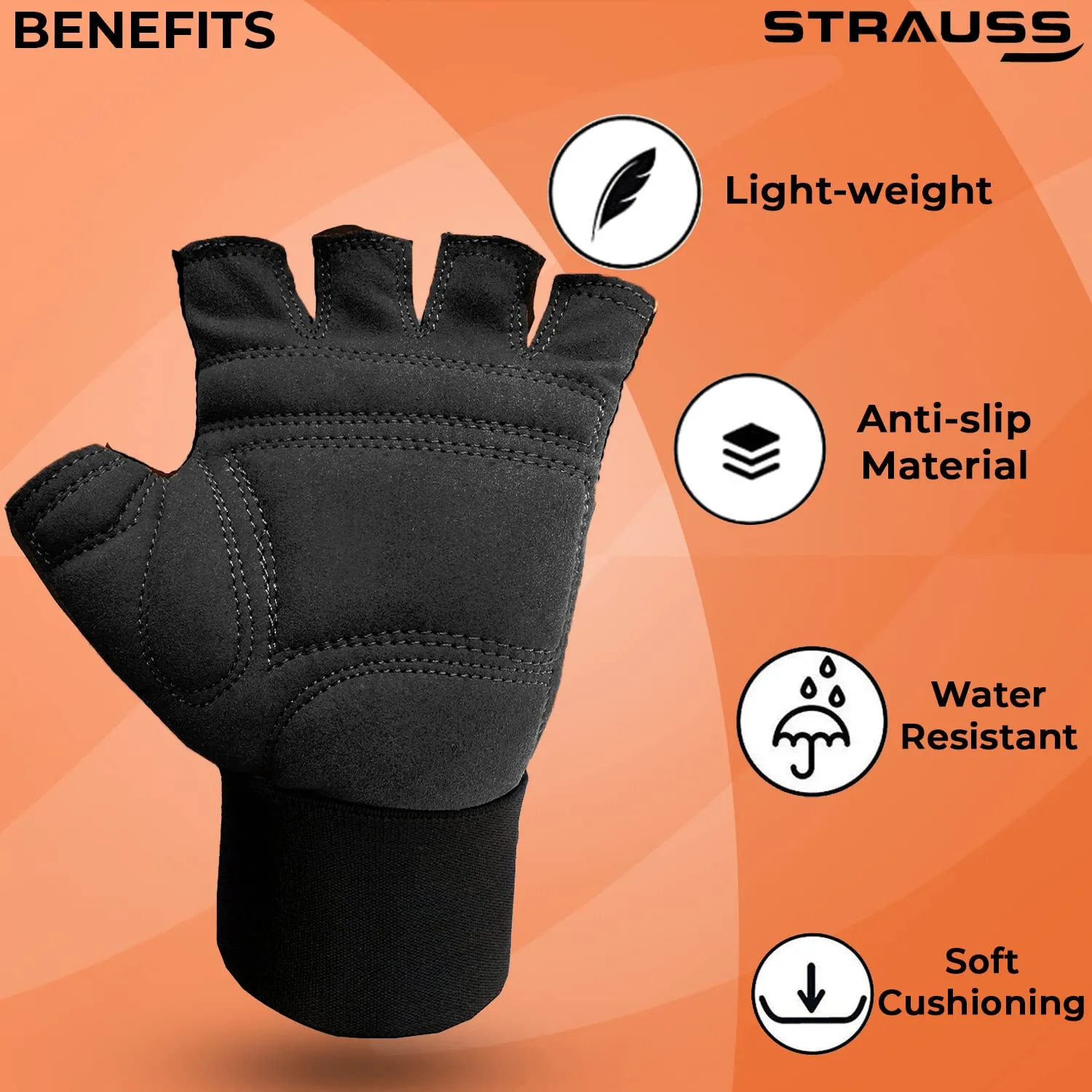 STRAUSS Suede Gym Gloves for Weightlifting, Training, Cycling, Exercise & Gym | Half Finger Design, 8mm Foam Cushioning, Anti-Slip & Breathable Lycra Material, (Black), (Medium)