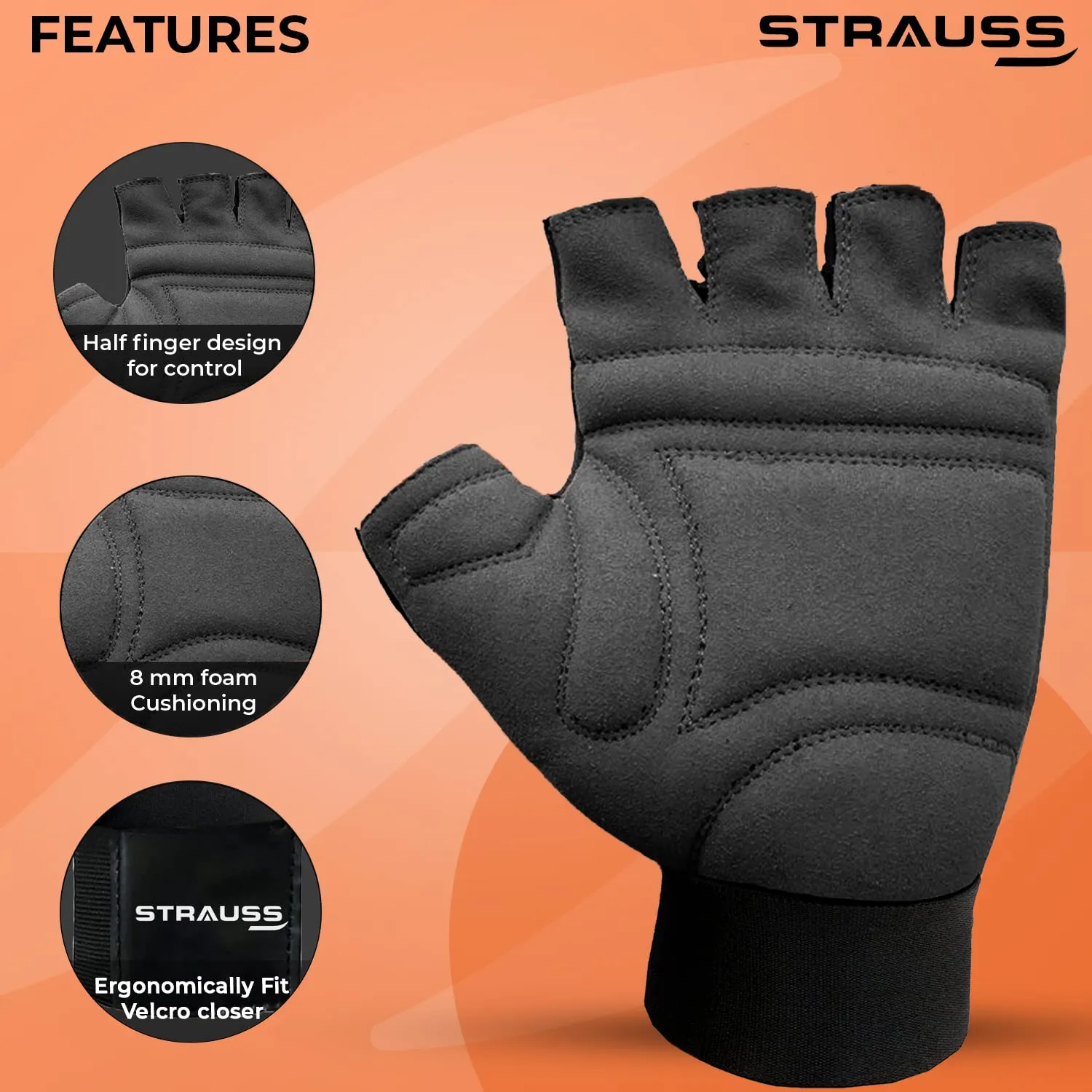 STRAUSS Suede Gym Gloves for Weightlifting, Training, Cycling, Exercise & Gym | Half Finger Design, 8mm Foam Cushioning, Anti-Slip & Breathable Lycra Material, (Black), (Medium)