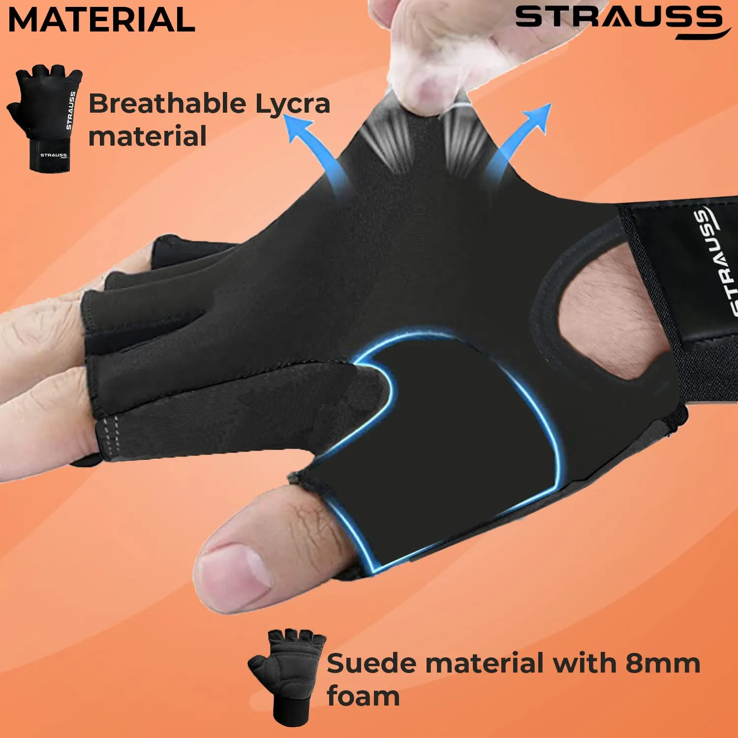 STRAUSS Suede Gym Gloves for Weightlifting, Training, Cycling, Exercise & Gym | Half Finger Design, 8mm Foam Cushioning, Anti-Slip & Breathable Lycra Material, (Black), (Medium)