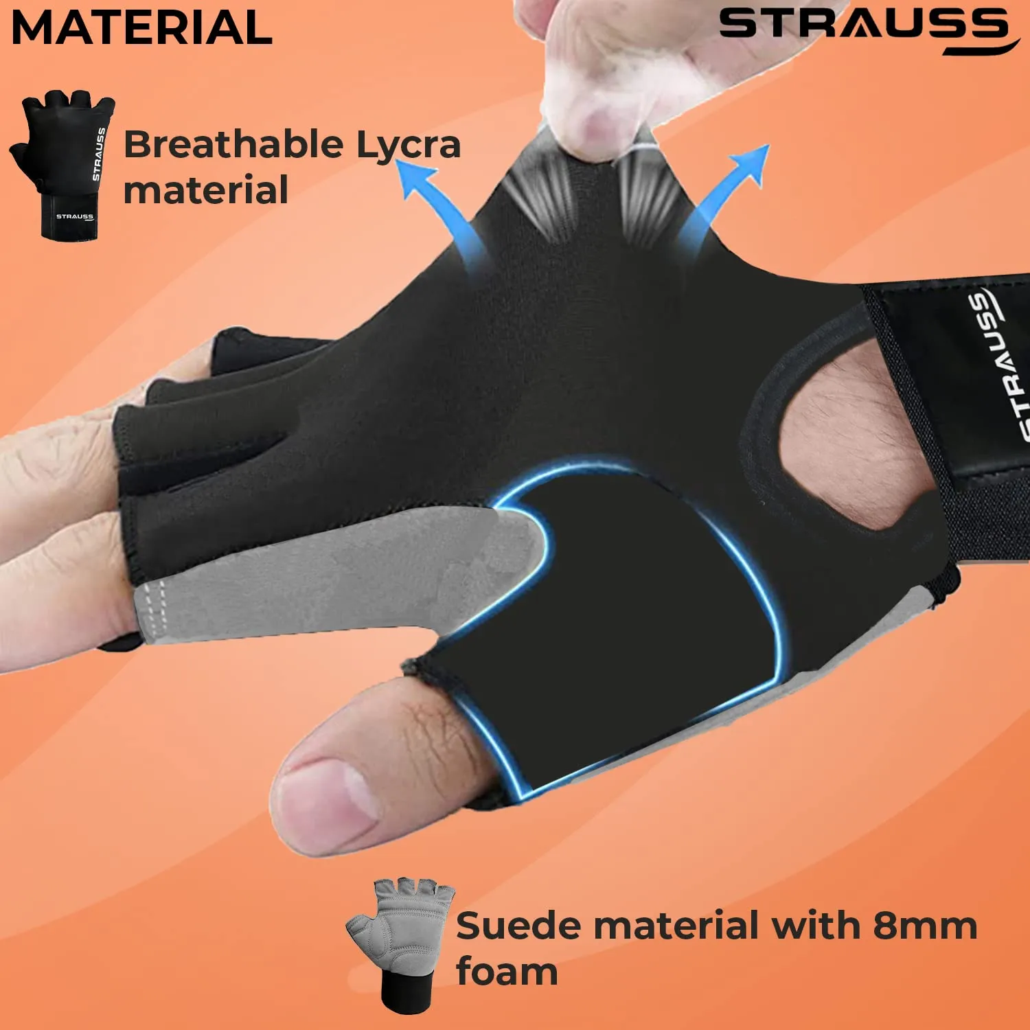 STRAUSS Suede Gym Gloves for Weightlifting, Training, Cycling, Exercise & Gym | Half Finger Design, 8mm Foam Cushioning, Anti-Slip & Breathable Lycra Material, (Grey/Black), (Medium)