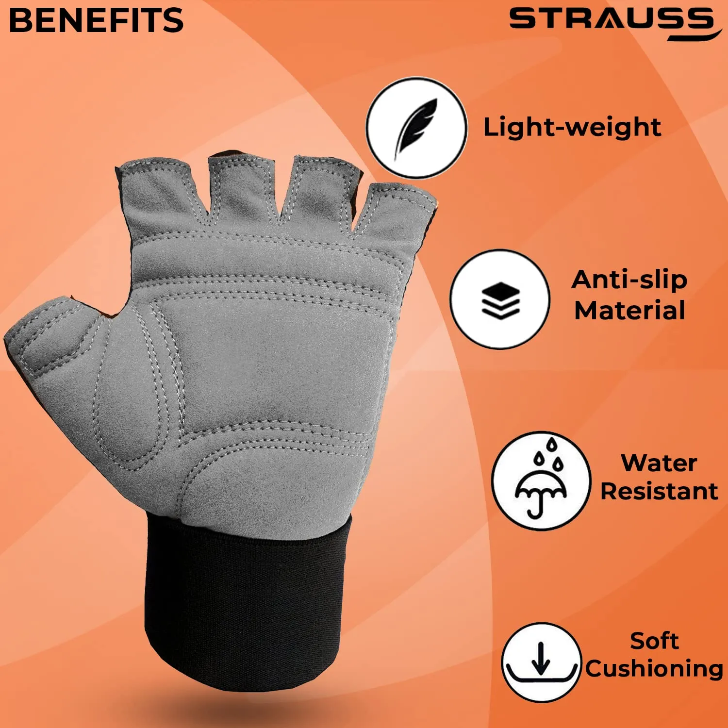 Strauss Suede Gym Gloves for Weightlifting, Training, Cycling, Exercise & Gym | Half Finger Design, 8mm Foam Cushioning, Anti-Slip & Breathable Lycra Material, (Grey/Black), (Small)