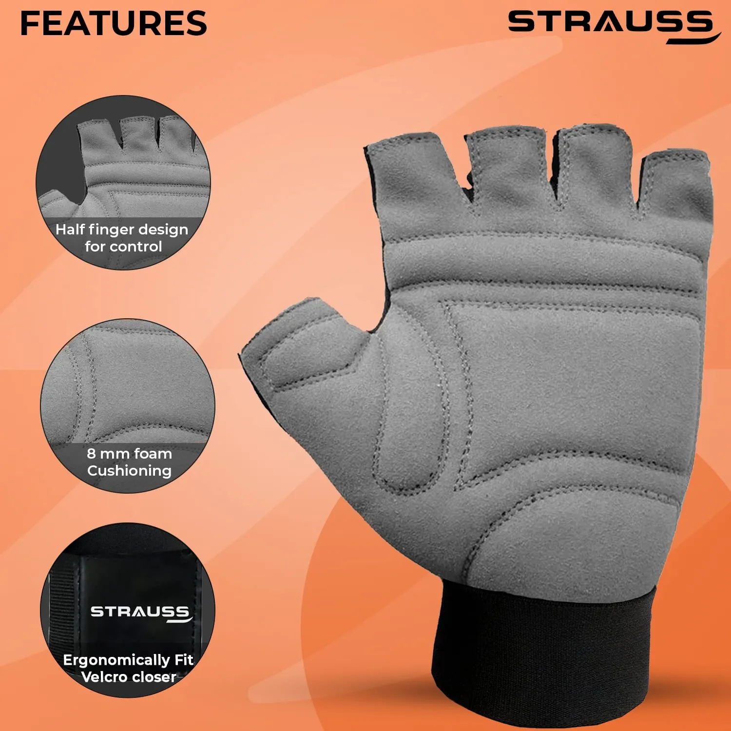 Strauss Suede Gym Gloves for Weightlifting, Training, Cycling, Exercise & Gym | Half Finger Design, 8mm Foam Cushioning, Anti-Slip & Breathable Lycra Material, (Grey/Black), (Small)