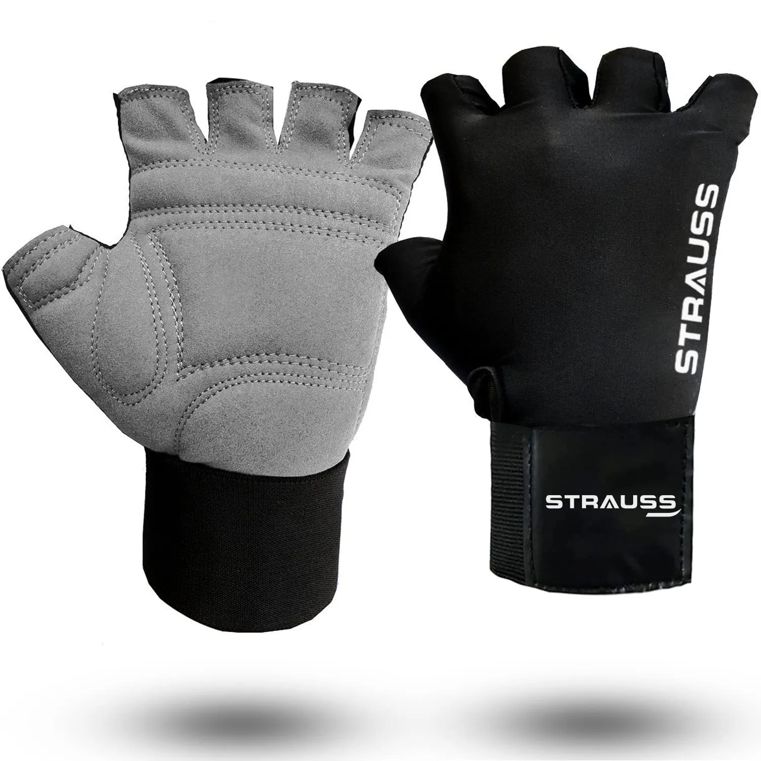 Strauss Suede Gym Gloves for Weightlifting, Training, Cycling, Exercise & Gym | Half Finger Design, 8mm Foam Cushioning, Anti-Slip & Breathable Lycra Material, (Grey/Black), (Small)