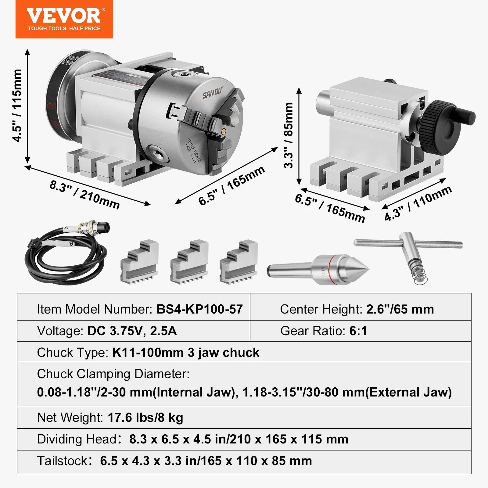 Vevor Dividing Head K11-100mm 3-Jaw Chuck CNC Router Indexing Head 2.6" Center Height New